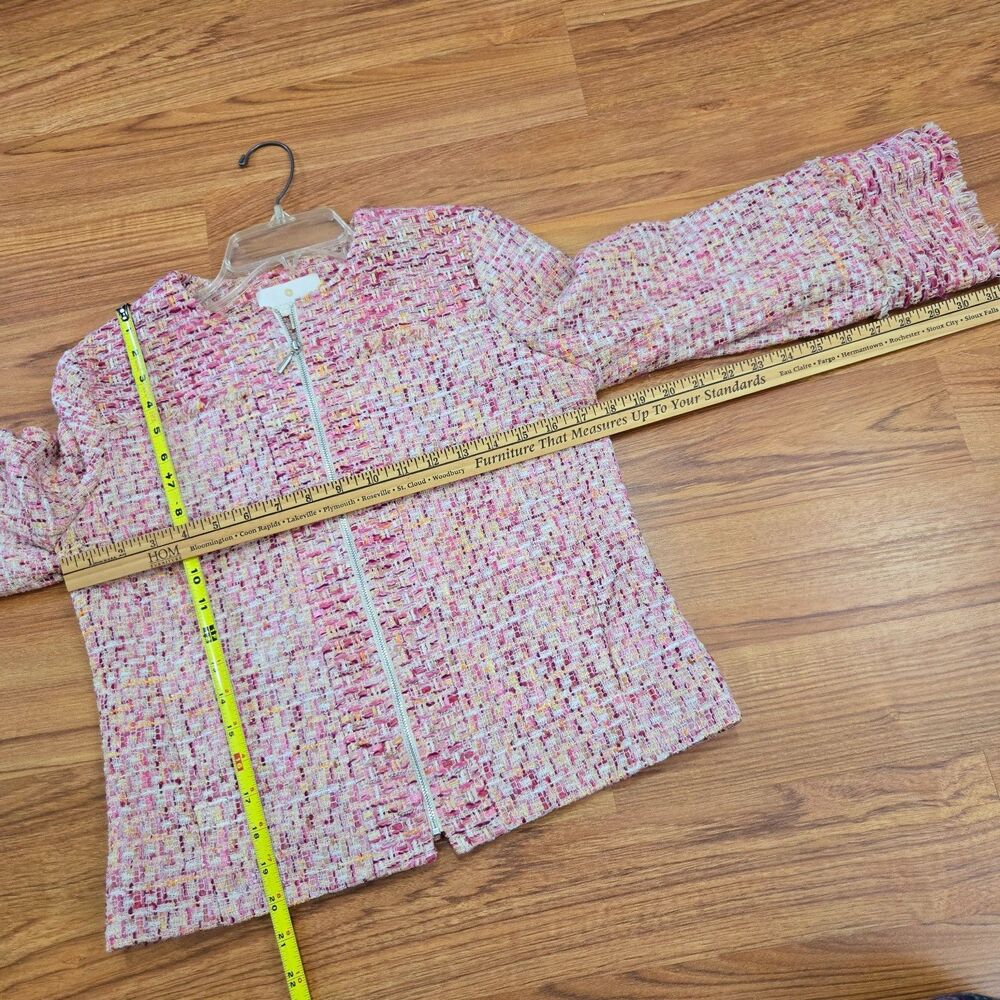Etcetera Fringe Tweed Jacket Size 2 Zip Front Barbie Pink Tones Office old money - Picture 8 of 12